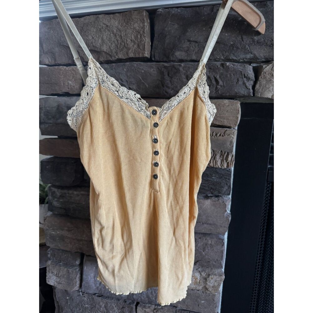 Moda International Y2K Lace Trim Ribbed Tank Cami Mustard Yellow Stretch Top Sm